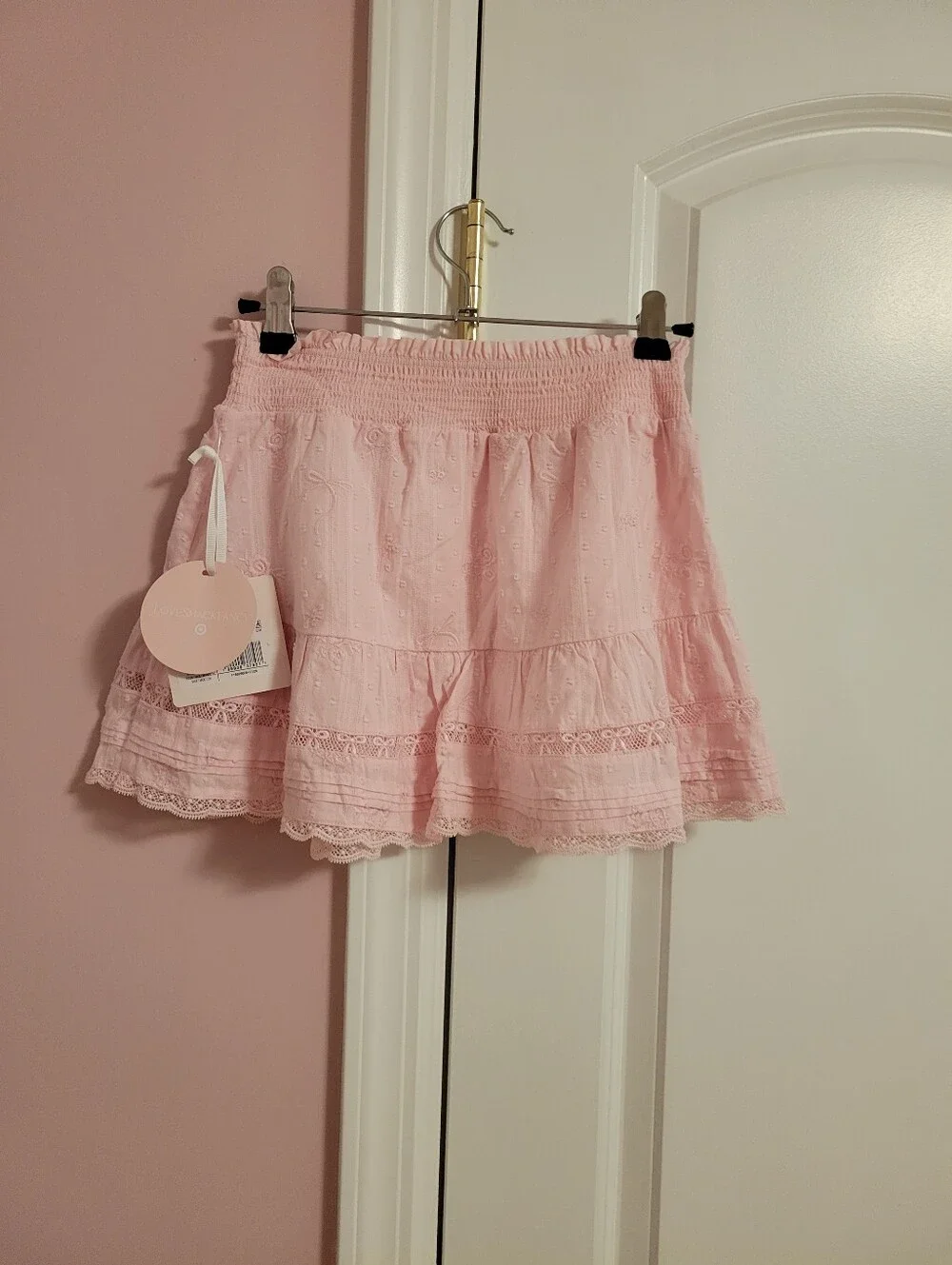 NWT LoveShackFancy Pink Eyelet Lace Tiered Mini Skirt Limited Edition 9 Coquette